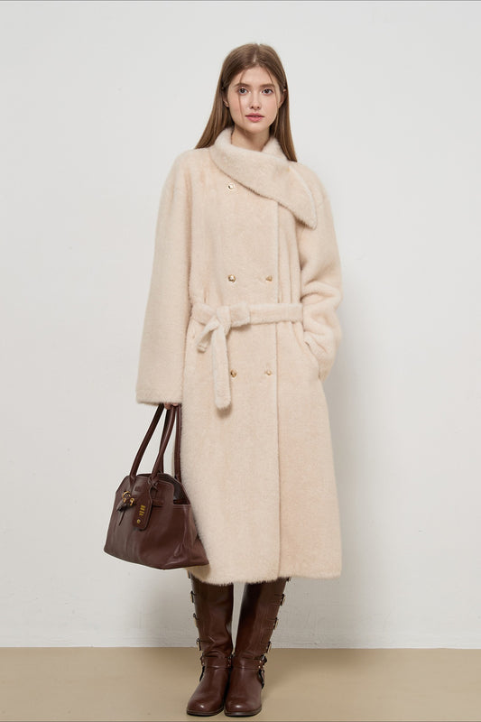 Luxuriöser, langer, eleganter Damenmantel aus Tweed mit Kunstpelz.