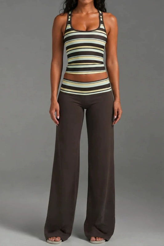 Striped U-Neck Sleeveless Top and Wide Leg Pants Set