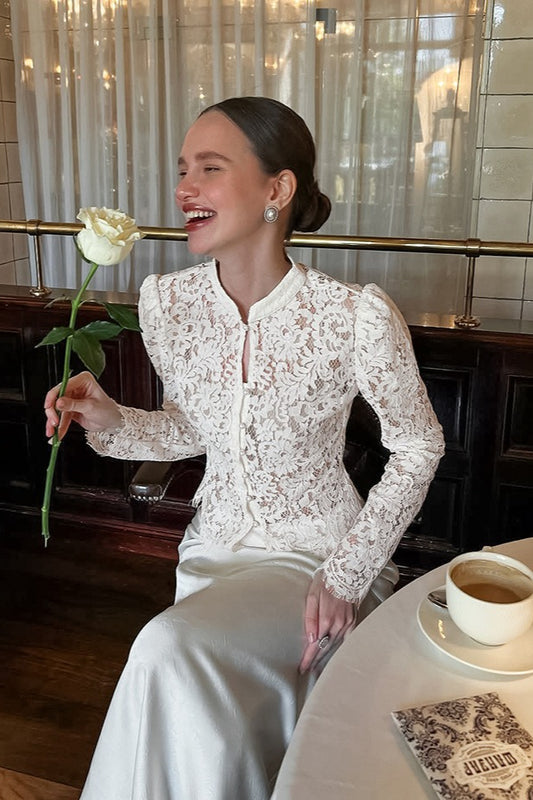 Pearl Button Floral Lace Blouse