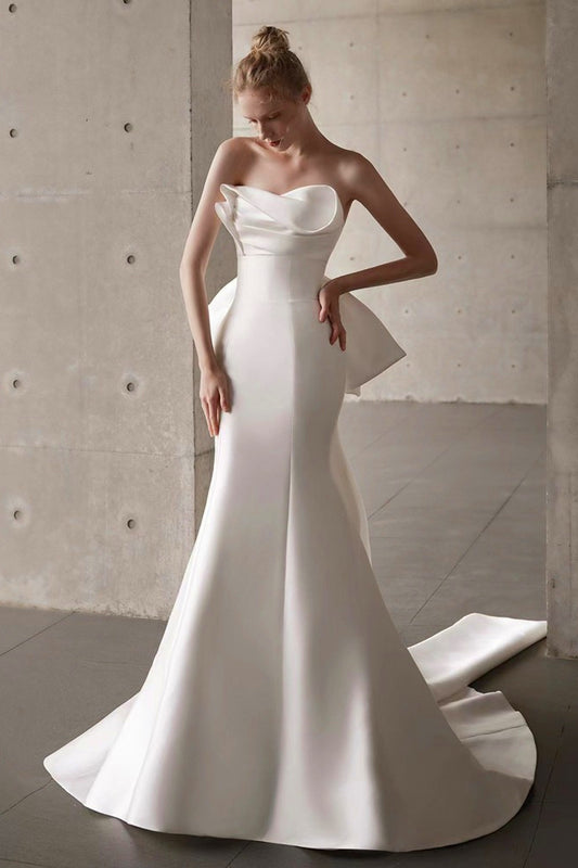 Satin Bandeau Train Bow Wedding Dress