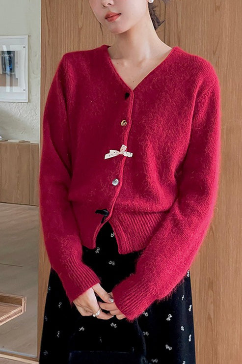 Cardigan mit V-Ausschnitt, Schleifendetails und Knöpfen