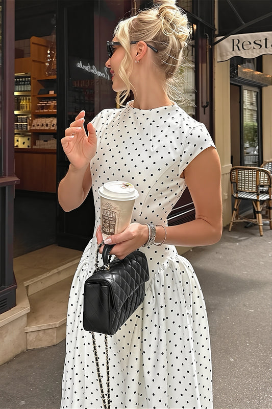 Polka Dot Cap Sleeve A-Line Maxi Dress