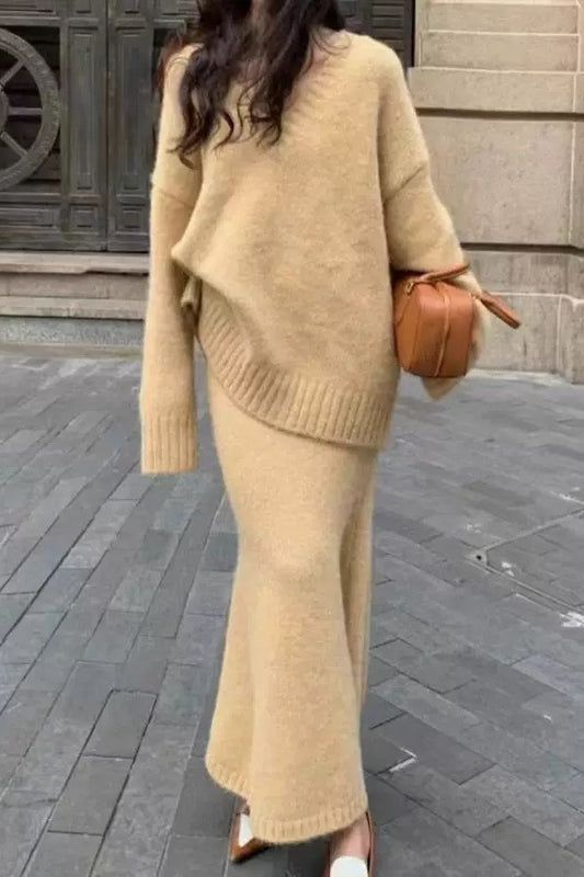 Zweiteiliges Set aus lässigem V-Ausschnitt-Strickpullover und Meerjungfrauenrock