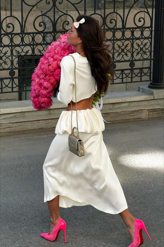 Ruffle-Panelled Satin Midi Skirt
