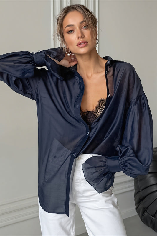 Sheer Balloon Sleeve Button Blouse