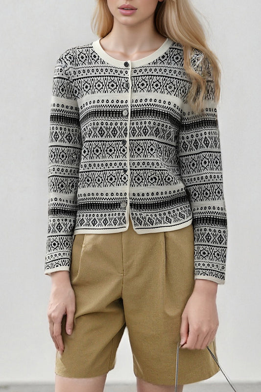 Vintage Jacquard-Strickjacke mit Rundhalsausschnitt und Knöpfen