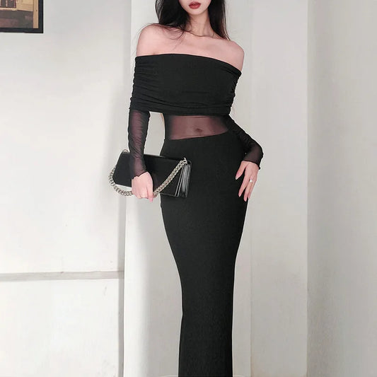 Autumn Sexy Strapless Black Lace Patchwork Long Streetwear Club Bodycon Dress