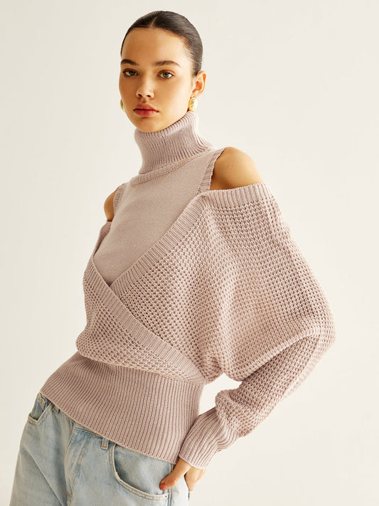 Oversized Wool Blend Turtleneck Cinched Knit Top Pink / XS Knit Tops