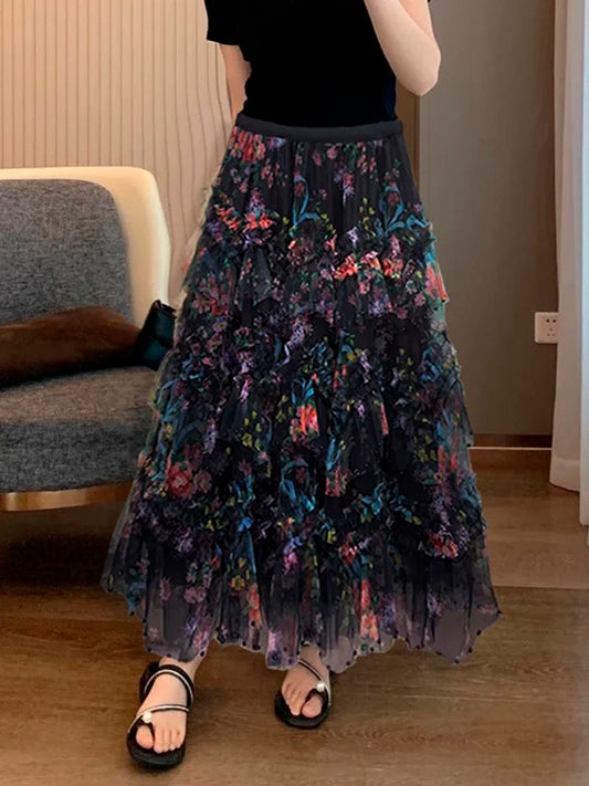 Beading Elegant Asymmetrical Mesh Tulle Skirt Black / One Size skirt-250126