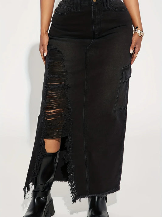 Black Flap Pockets Denim Midi Skirt Raw Hem Distressed Washed Cargo Jean