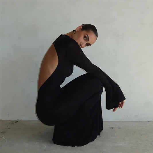 Black Turtleneck Backless Maxi For Women Elegant Evening Trumpet Sleeves 2024 Autumn Bodycon Long