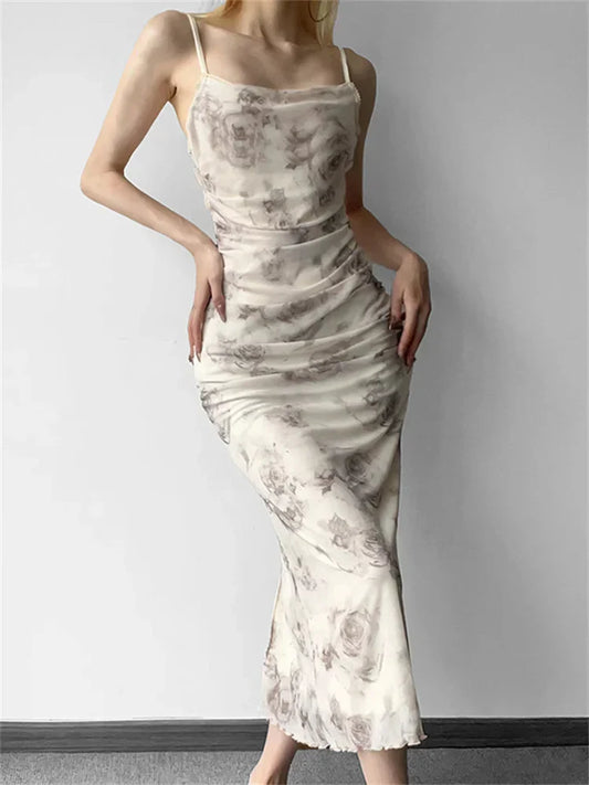 Retro Floral Print For Women Sleeveless Strap V-Neck Ruched Split Summer Party Female Vestidos