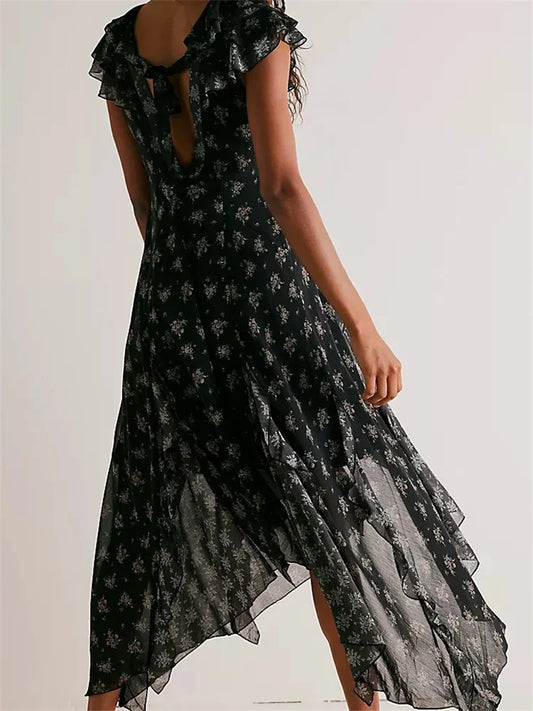 Retro Women Summer Casual Floral Print Ruffles Sleeveless V-Neck Fashion Holiday Beach Vestidos