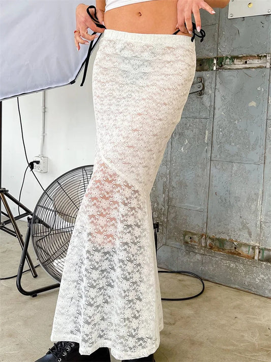 Y2K Grunge Lace Mesh See Through Bow Tie Long Skirt skirt-250126