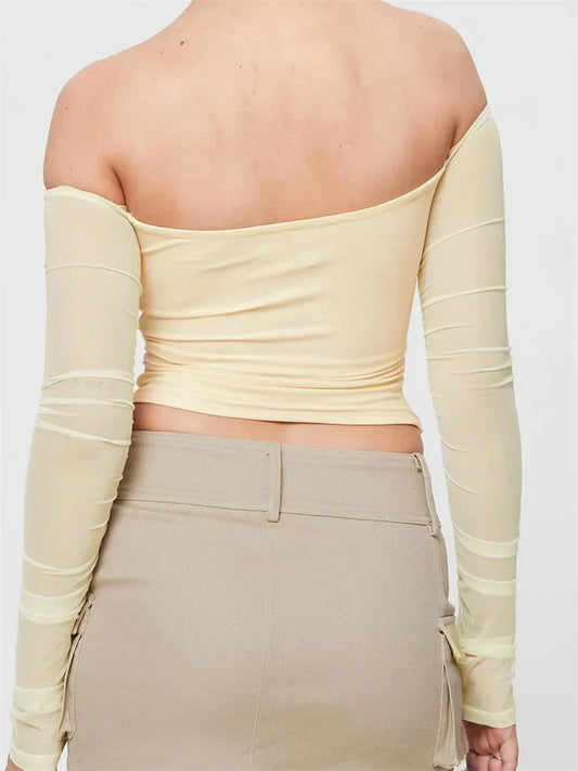 Slash Neck Off Shoulder Mesh See Through Long Sleevet-Shirts
