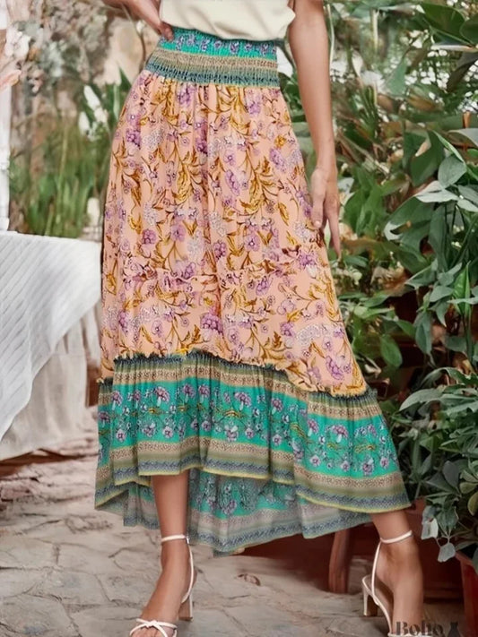 Boho High Waist Ruffled Floral Maxi Skirt Rayon Beach Femme Green / S
