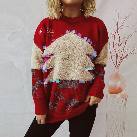 Handmade Sequins Christmas Tree Little Deer Jacquard Thickened Crew Neck Sweater Red / S Sweaters-L