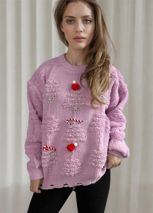 Korean Style O Neck Casual Loose Jumper Chic Bow Christmas Sweater Light Purple / S Sweaters-L