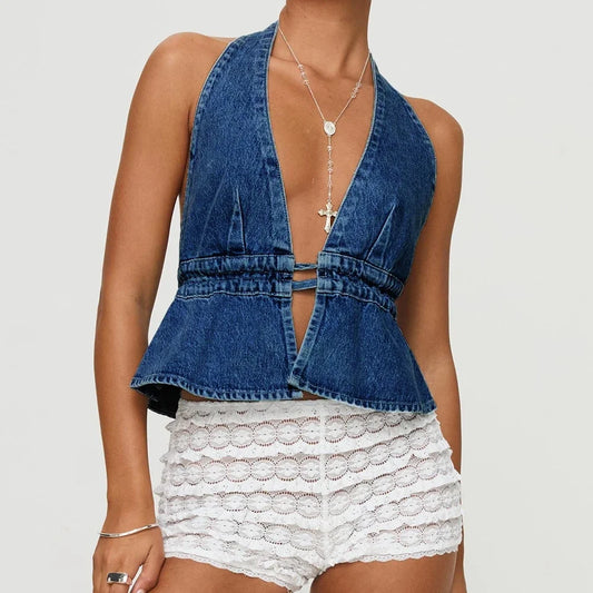 Denim-Crop-Top mit Schleife
