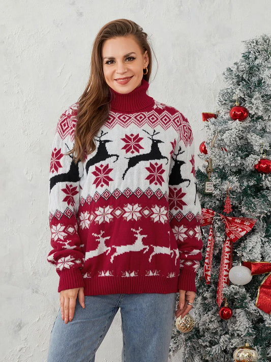 Couples Elk Print Long Sleeve Turtleneck Warm Knitted Christmas Sweater Sweaters-L