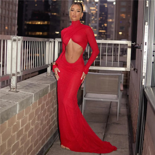 Elegant Cut Out Maxi Dress Party Club Long Sleeve Ruched Christmas Red / S Dresses-L