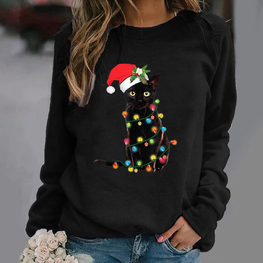 Cartoon Red Hat Black Cat Casual Long-Sleeved Crewneck Christmas Hoodie / S Hoodies-L