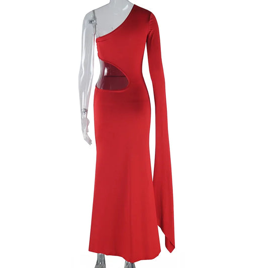 Solid Trend Incline Shoulder Hollow High Street Maxi Dress Sexy Elegant Christmas Party Red / S