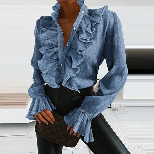 Denim Ruffled V Neck Pleated Blouse blouse-250126
