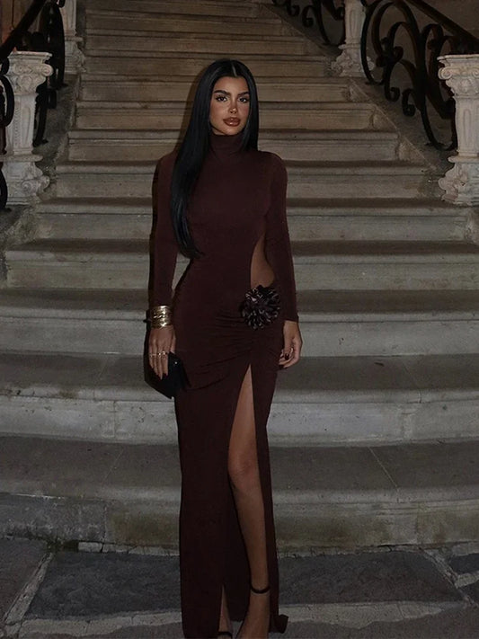 Mock Turtleneck Solid Long Sleeve Party Dress Wine Red / S Partydress-241208