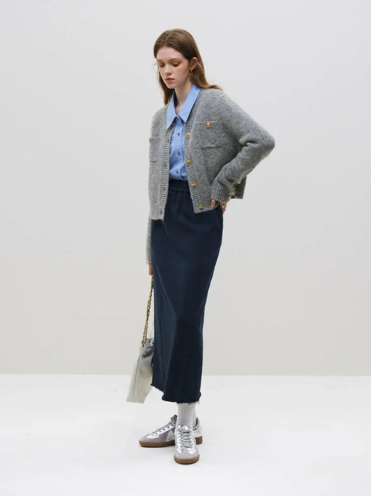 Wool Button Short Knitted Cardigan Gray / S Cardigan-241208