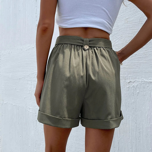 Fashion Casual Basic Summer New Green Female With Belt Short
