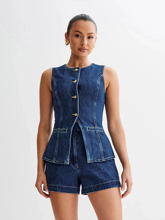 Ärmellose Jeansshorts mit O-Ausschnitt fürs Büro, zweiteiliges Set