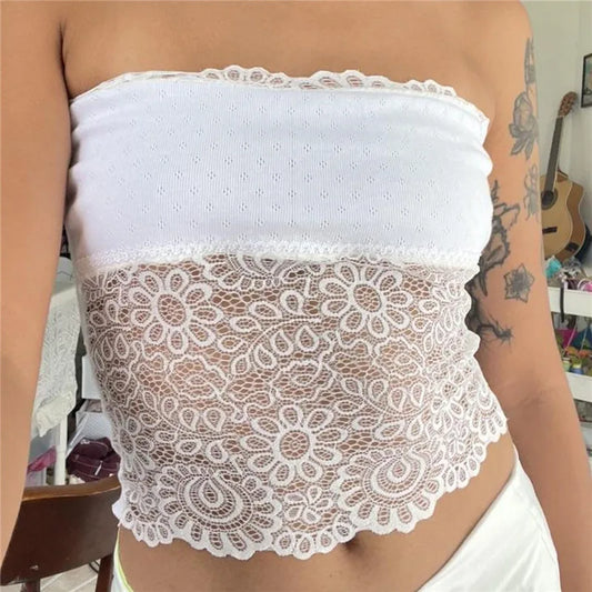 Durchsichtiges, bauchfreies Tube-Top mit Blumenmuster