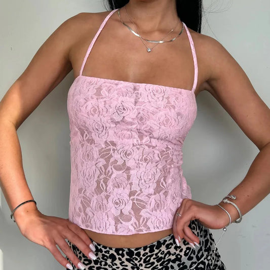 Transparentes Crop-Top mit überkreuztem Rücken und Spitze