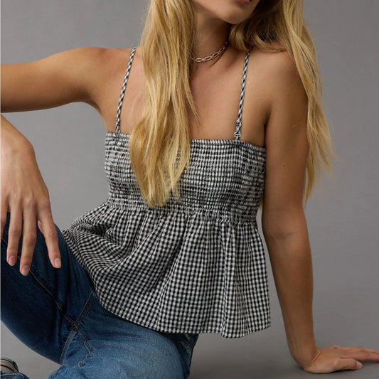 Gesmoktes, kariertes Crop-Top mit Schößchen