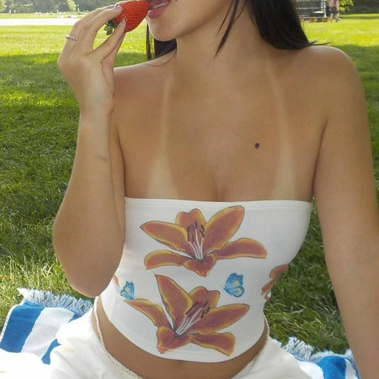 Bandeau-Crop-Top mit Blumenmuster und Wickeldesign