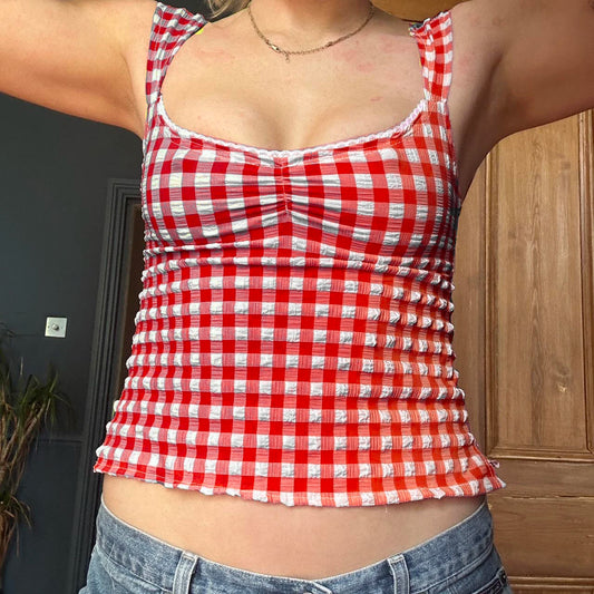 Kariertes, quadratisches Crop-Top aus Spitze