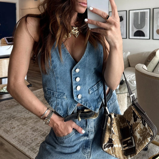 Kurzes Cowgirl-Top aus Denim mit Knöpfen