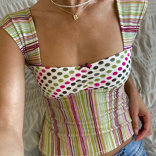 Quadratisches Crop Top mit Karomuster und Streifen