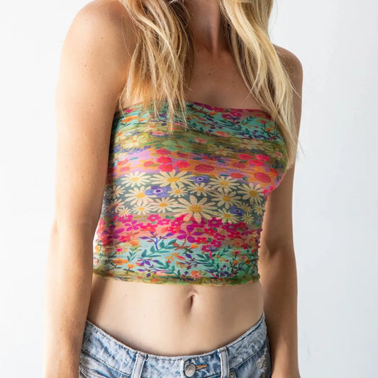 Trägerloses Bandeau-Crop-Top mit Blumenmuster