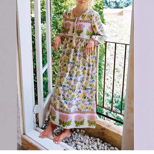 Floral Lace-up Tassel Beach Boho Dress Beige / S bohodress-250126