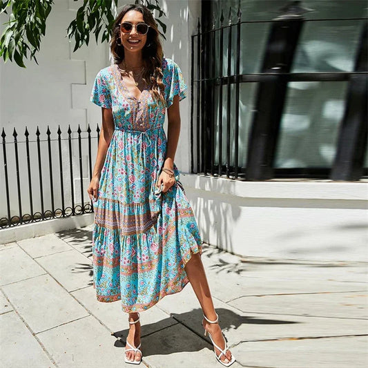 Red Floral Print Bat Sleeve Tassel V-neck Summer Boho Dress bohodress-250126