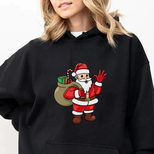 Jolly Santa Claus Cartoon Print Long Sleeve Chic Christmas Hoodie Black / S Hoodies-L