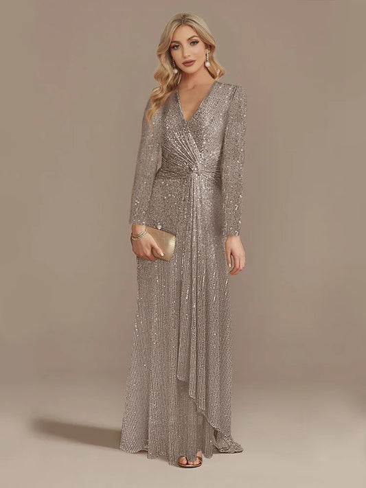 Long Sleeve V-Neck Party Dress Deep Space Gray / S Partydress-241208