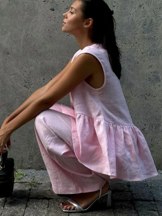 Rosafarbenes, lockeres, weites Zweiteiler-Set aus Baumwollleinen fürs Büro