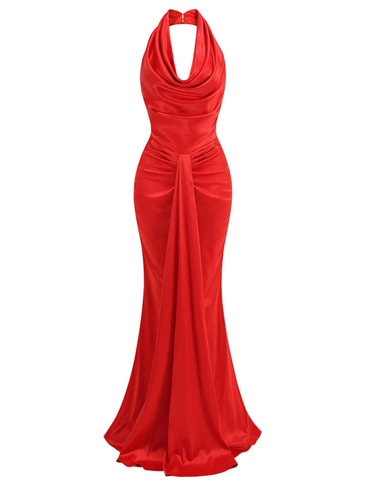 Red Backless Halter V-Neck Maxi Bodycon Christmas Party Dress / S Dresses-L