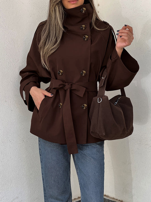 Rollkragen-Doppelreiher-Mantel mit Taillengürtel