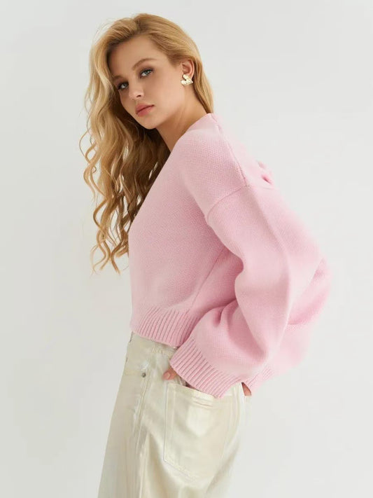 Individuelle, einfarbige Strickjacke mit V-Ausschnitt und lockerem Strick