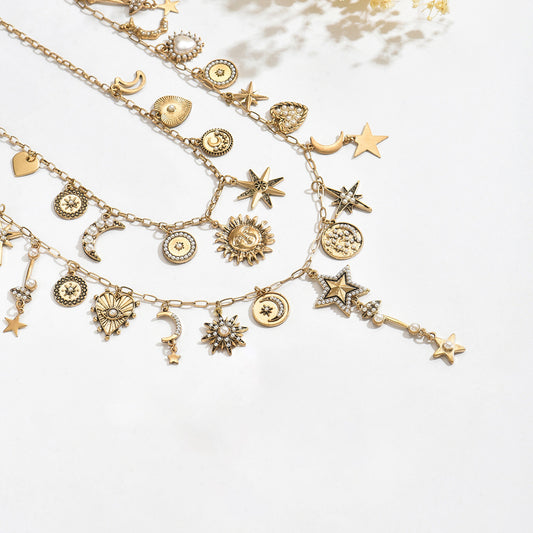 Vintage Herz-Sonne-Mond-Quasten-Halskette