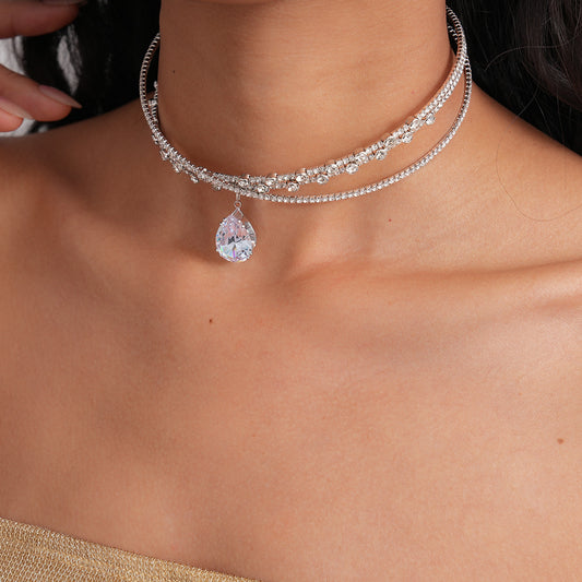 Zircon Rhinestone Waterdrop Crisscross Double Layer NeckLace